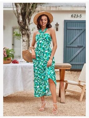 Grace Karin Green Floral Halter Midi Dress